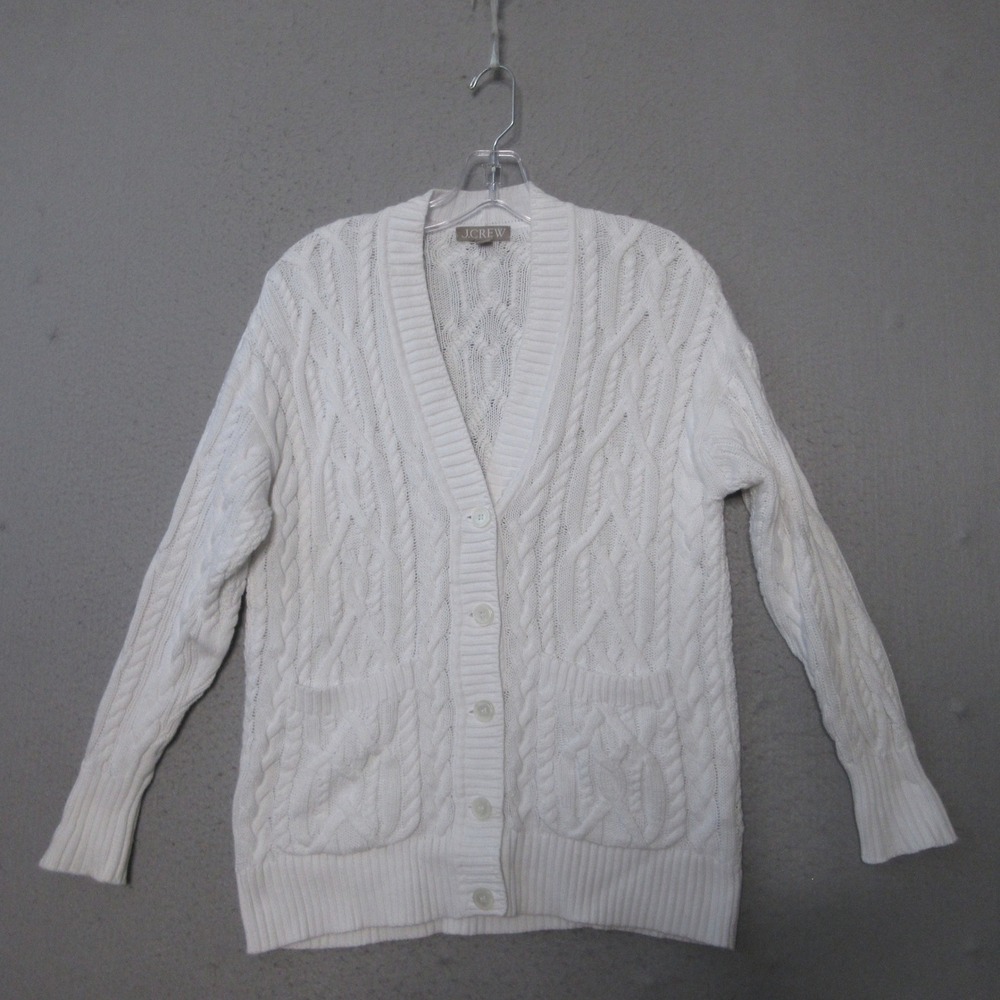 J Crew Cardigan Sweater White Cable Knit Cotton Quiet Luxury Layer Timeless Fall